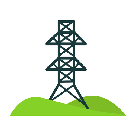 Black tower for wires on piece of land with hillsのイラスト素材