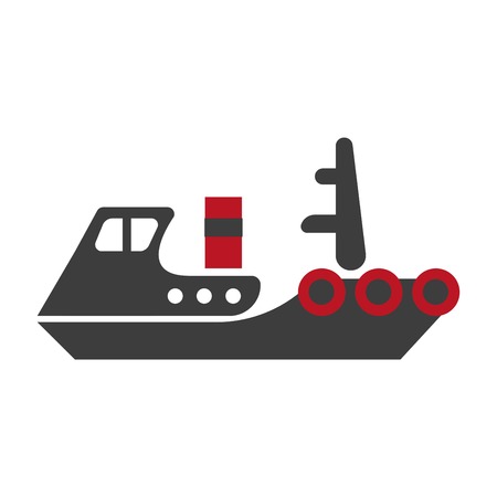 A Minimalistic flat schematic ship composed of separate black and red parts isolated vector illustration on white background. Cartoon old-fashioned model of steamer that transports heavy cargo.のイラスト素材