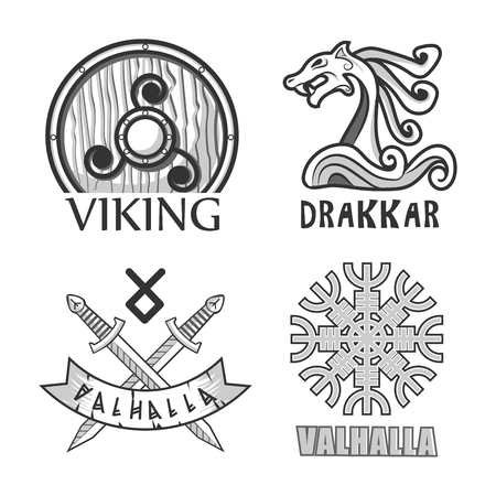 Vikings wooden shield, drakkar stern decoration and valhalla symbols with crossed swords and authentic pattern in form of snowflake isolated monochrome vector illustrations set on white background.のイラスト素材