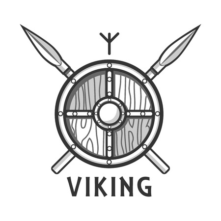 Vikings shield with two crossed spears and small runeのイラスト素材