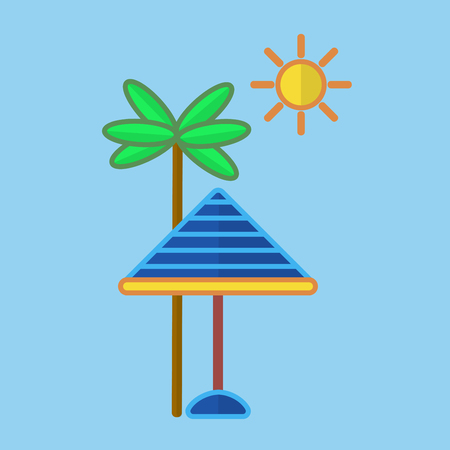 Vector illustration of blue sun protective umbrella placed at palm on resort.のイラスト素材