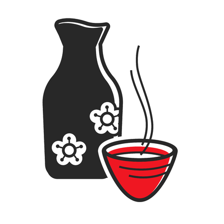 Ceramic bottle and cup with hot sake drink. Vector illustration.のイラスト素材