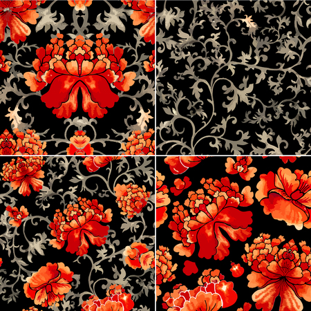 Seamless chinese pattern. Watercolor style wallpaper with floral ornament .のイラスト素材