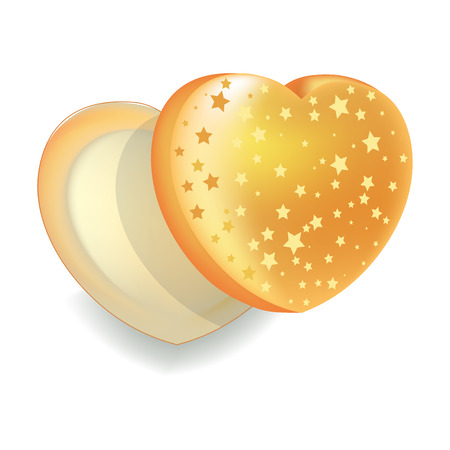 Heart-shape open gift box with gold stars isolated illustrationのイラスト素材