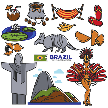Brazil culture and travel landmarks and famous sightseeing. Vector icons set of Brazilian flag, Christ Redeemer on Corcovado in Rio de Janeiro, samba carnival dancer, football and exotic animalのイラスト素材