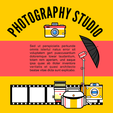 A Photographer or photo studio concept design illustration. Workspace with camera, umbrella, film, lens, photo, tripod. Flat design vectorのイラスト素材