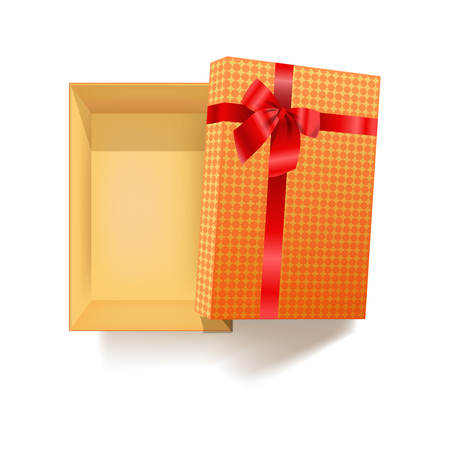 Gift box with red ribbon of flower bow and pattern wrapping paper for Wedding, Valentines Day or birthday gifts. Vector 3d realistic modern square cardboard paper package with shadow and open coverのイラスト素材