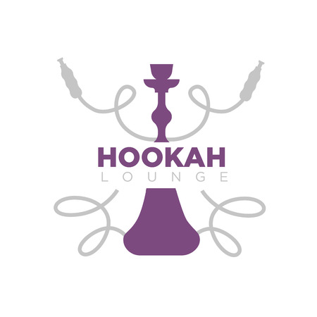 Hookah lounge promotional emblem with purple shisha silhouette and long curved smoking pipes and big sign isolated vector illustration on white background. Public place for smokers advertisement.のイラスト素材