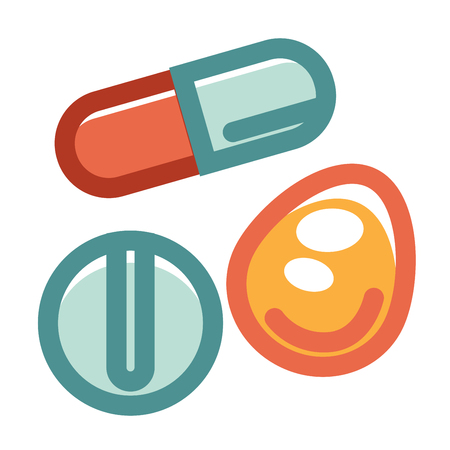 Pills in various shapes and colors collection on white. Vector colorful illustration in graphic design of long, round and oval special medical ingredients for people diseases treatment and careのイラスト素材