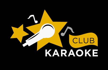 Karaoke club icon template of vector music notes label, microphone and starsのイラスト素材