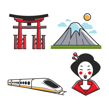 Set of traditional Japanese arch, mountain, fast train and geisha with white makeup.のイラスト素材