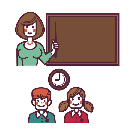 Teacher near blackboard and pupils above graphic posterのイラスト素材