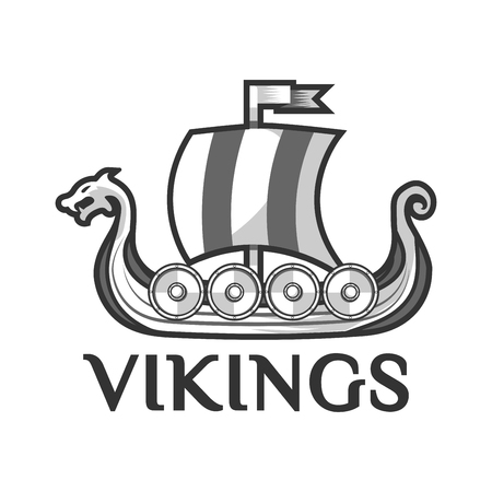 Viking warship boat with Drakkar or Drekar figurehead vector iconのイラスト素材