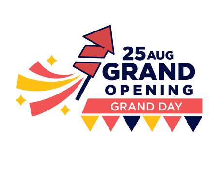 25 August grand opening ceremony day bright promotional poster with firework rocket and colorful decorative triangles under big thick sign. Important event advertisement vector illustration.のイラスト素材
