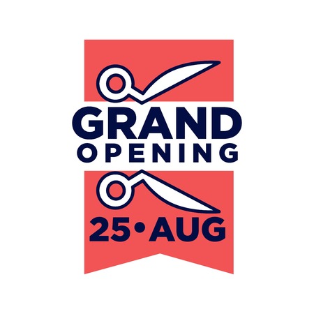 Grand opening on 25 August promotional emblem with two pieces of red ribbon and scissors isolated flat vector illustration on white background. Grandiose ceremony logotype for advertisement.のイラスト素材