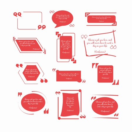 Confucius quotations in red frames of round and square geometric forms with inverted commas in various fonts isolated flat vector illustrations set on white background. Original design of citations.のイラスト素材