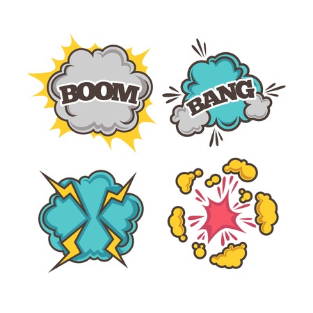 Bang and boom colorful cartoon effects with clouds of dustのイラスト素材