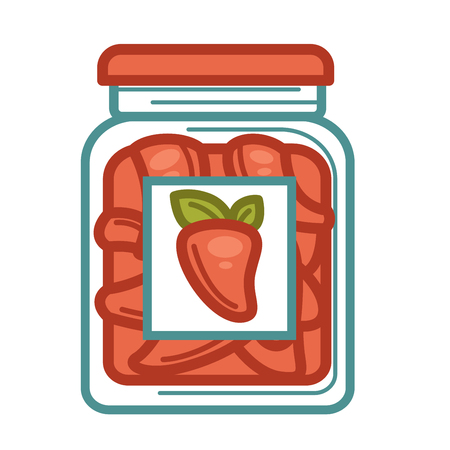 Preserved red peppers in jar isolated on white flat vector colorful illustration. Closeup poster in graphic design of glass container with label and picture for keeping homemade marinade foodのイラスト素材