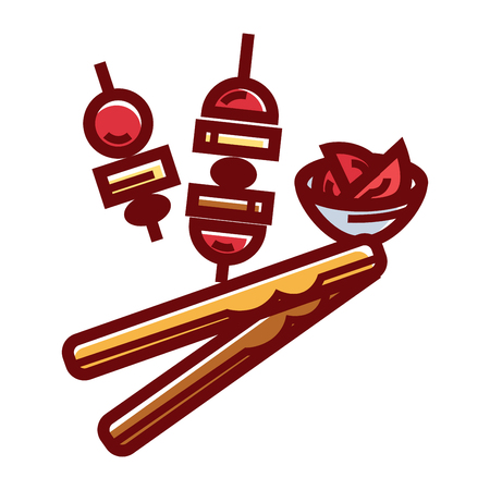 Small ?anape with vegetables, hard cheese and tasty meat on sticks, fresh tomato slices in bowl and cinnamon sticks isolated vector illustration on white background. Delicious snak and delicate spice.のイラスト素材