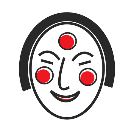 Korean mask with drawn face and red circles on forehead and cheeks isolated cartoon flat vector illustration on white background. Traditional Korean accessory for hiding face at mysterious masquerade.のイラスト素材