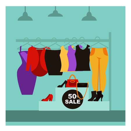 Fashion clothing shop or woman dress clothes boutique store with shopping sale offer. Vector flat design of showcase shop-window with shoes, bags and shirts on hangerのイラスト素材