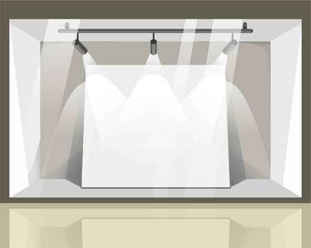 Store spacious showcase with bright spotlights exterior view. Glossy floor, transparent glass window, white walls, empty stand and three powerful lamps on ceiling realistic vector illustration.のイラスト素材