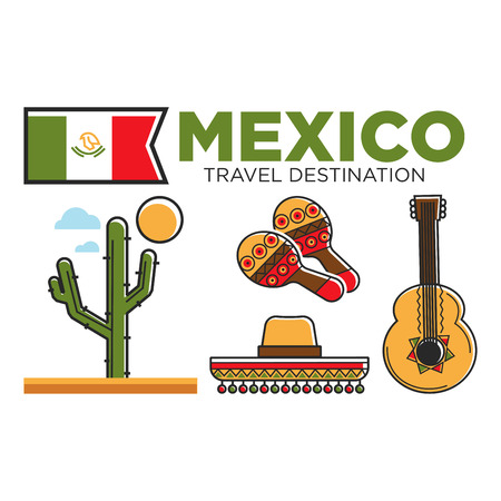 Mexican tourist travel attractions and Mexico traditional culture vector symbols setのイラスト素材