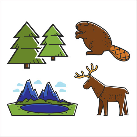Animals and forest set landscape cartoon illustrationのイラスト素材