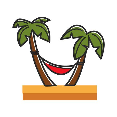 Red hammock tied to palms on sandy beachのイラスト素材