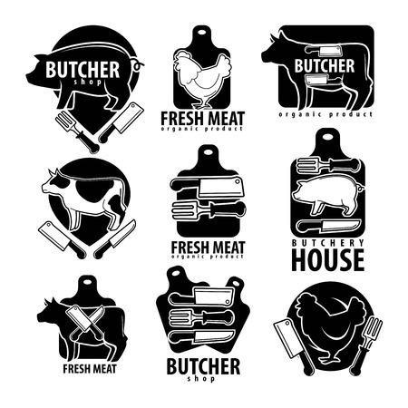 Butcher shop with fesh meat isolated monochrome emblems setのイラスト素材