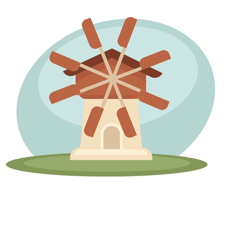 Vector illustration of windmill placed in green field.のイラスト素材