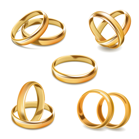 Gold wedding rings pair vector 3D realistic icons setのイラスト素材