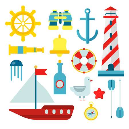 Marine nautical sailor symbols and vector flat icons setのイラスト素材