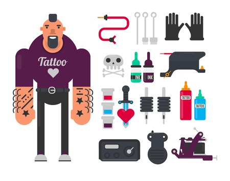 Tattoo master or tattooist profession and tattooing salon work tools or equipment. Tattoo machine, color ink needles or safety gloves and ornament design. Vector flat isolated icons setのイラスト素材