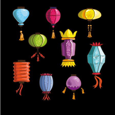 Set of colorful chinese, japanese and korean lanterns. Traditional oriental decoration. Collection of paper sky lanterns. Feng Shui symbol of asian culture. Vector illustration isolated .のイラスト素材