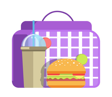 School lunch with big hamburger and cup of sweet soda with straw cartoon illustration.のイラスト素材