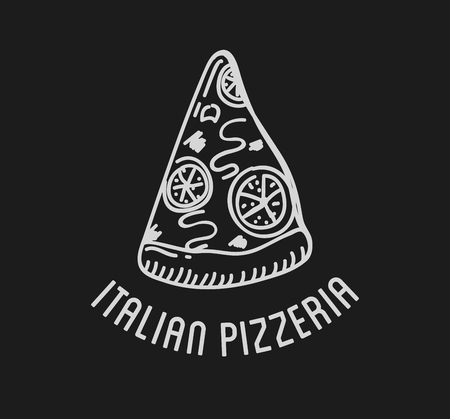 Pizza Label Design Typographic. Pizza festival or pizzafest. Vintage food pizza logo template for restaurant. Vector Illustration.のイラスト素材