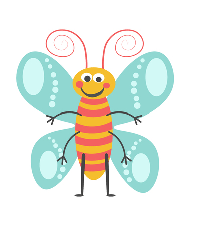 Cheerful butterfly with curled antennae, lot of limbs, pattern on wings and striped body isolated vector illustration on white background. Cartoon animalistic animal with kind facial expression.のイラスト素材