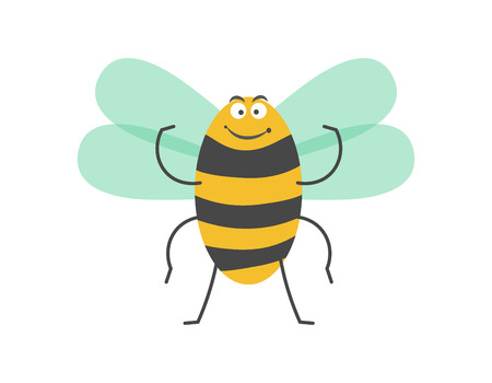 Big strong striped bumblebee with small wings, thin smile, thick eyebrows and plump body isolated cartoon vector illustration on white background. Adorable insect with funny facial expression.のイラスト素材