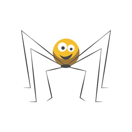 Friendly spider with round yellow body, big eyes, welcome smile and long thin legs isolated cartoon flat vector illustration on white background. Childish character with cute facial expression.のイラスト素材
