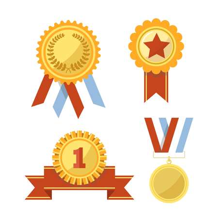Gold awards and medals with ribbons illustrations setのイラスト素材