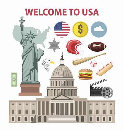 USA travel or America tourism welcome poster template tourist landmarks attractionsのイラスト素材