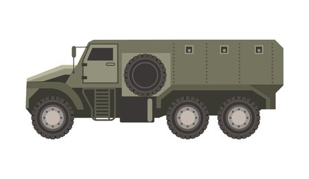 Spacious military transport in solid bulletproof dark corpus isolated cartoon flat vector illustration on white background. Heavy long vehicle special for safe freight and soldiers transportation.のイラスト素材