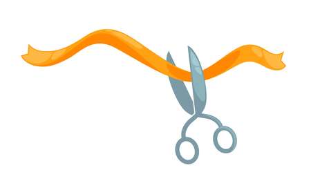 Long silk orange ribbon and sharp metal scissors vector illustration.のイラスト素材