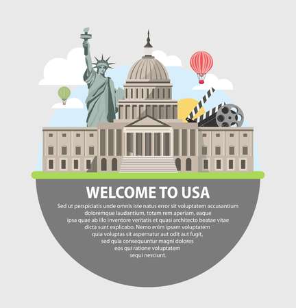 Welcome to USA promotional poster with famous attractionsのイラスト素材
