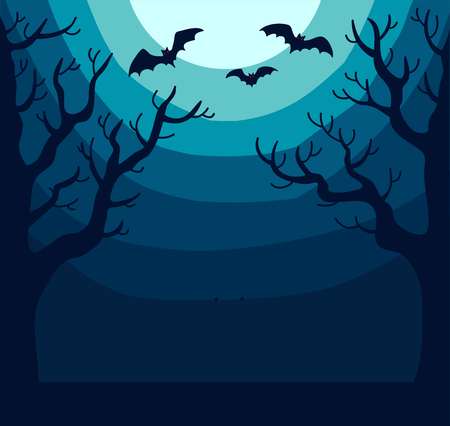 Dark spooky landscape with bright moon and batsのイラスト素材