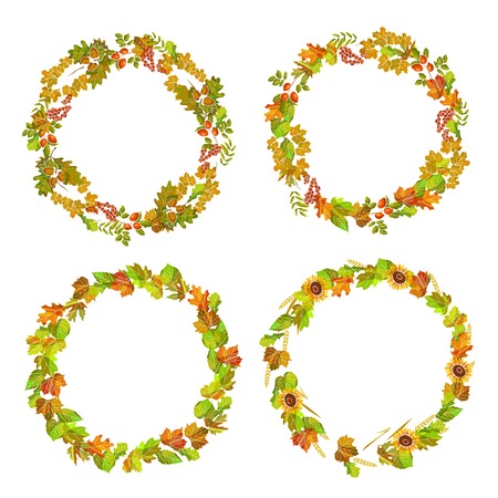 Leaves and autumn plants gathered in neat wreathsのイラスト素材