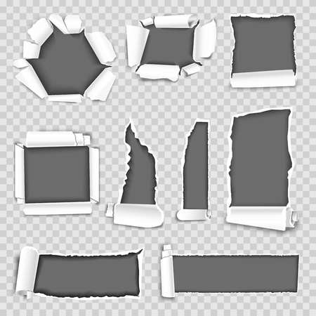 Paper torn holes isolated on transparent background. Vector ragged edges and torn or tattered paper hole texture elements of different shapesのイラスト素材