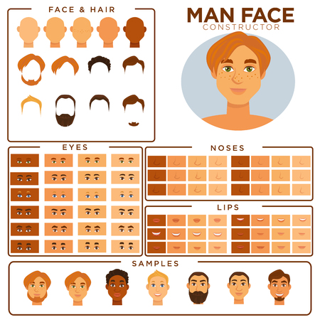 Man face avatar constructor templates of male skin, haircut and mustache beard types, eyes or hair color, nose and lips elements match samples. Vector isolated man profile icons setのイラスト素材