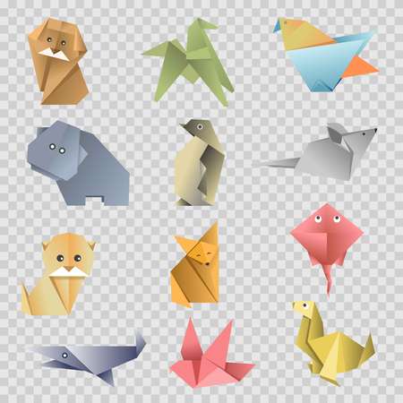 Origami paper animals, birds and fishes flat set on transparent background, Vector isolated cartoon origami fold zoo icons of dog, cat or fox and mouse, dove or pigeon and horse with seal or stingrayのイラスト素材